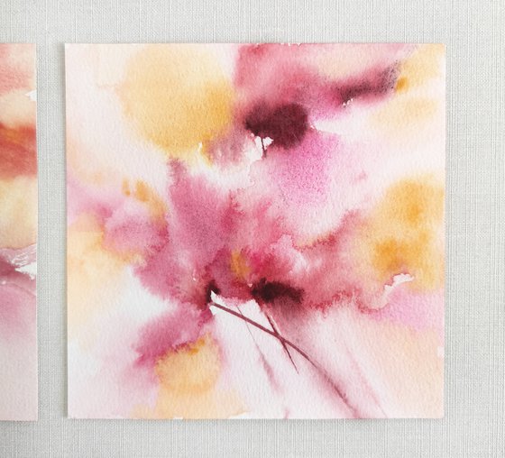 Pink flowers. Small watercolor floral painting set of 2