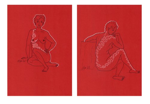 Set of 2 nude women - Red and white sensual diptych - Erotic mixed media drawings by Olga Ivanova