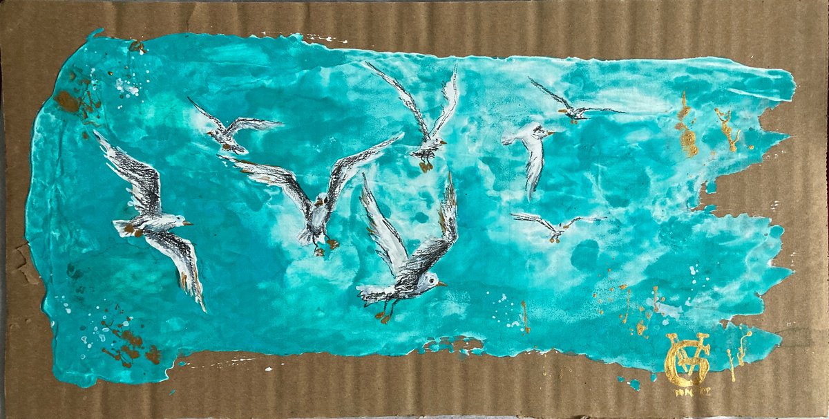 Abstract Animal Painting By Valeria Golovenkina, 17 X 8", Birds. Sea. Teal 1, Original Artwork