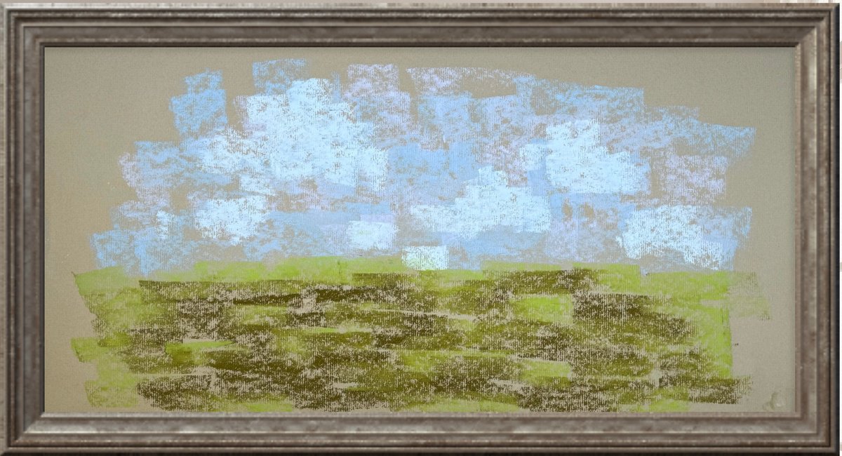 Abstract Pastel Drawing By Yuliia Sharapova, 21 X 11", Abstract Blue Sky Green Grass, Original Artwork
