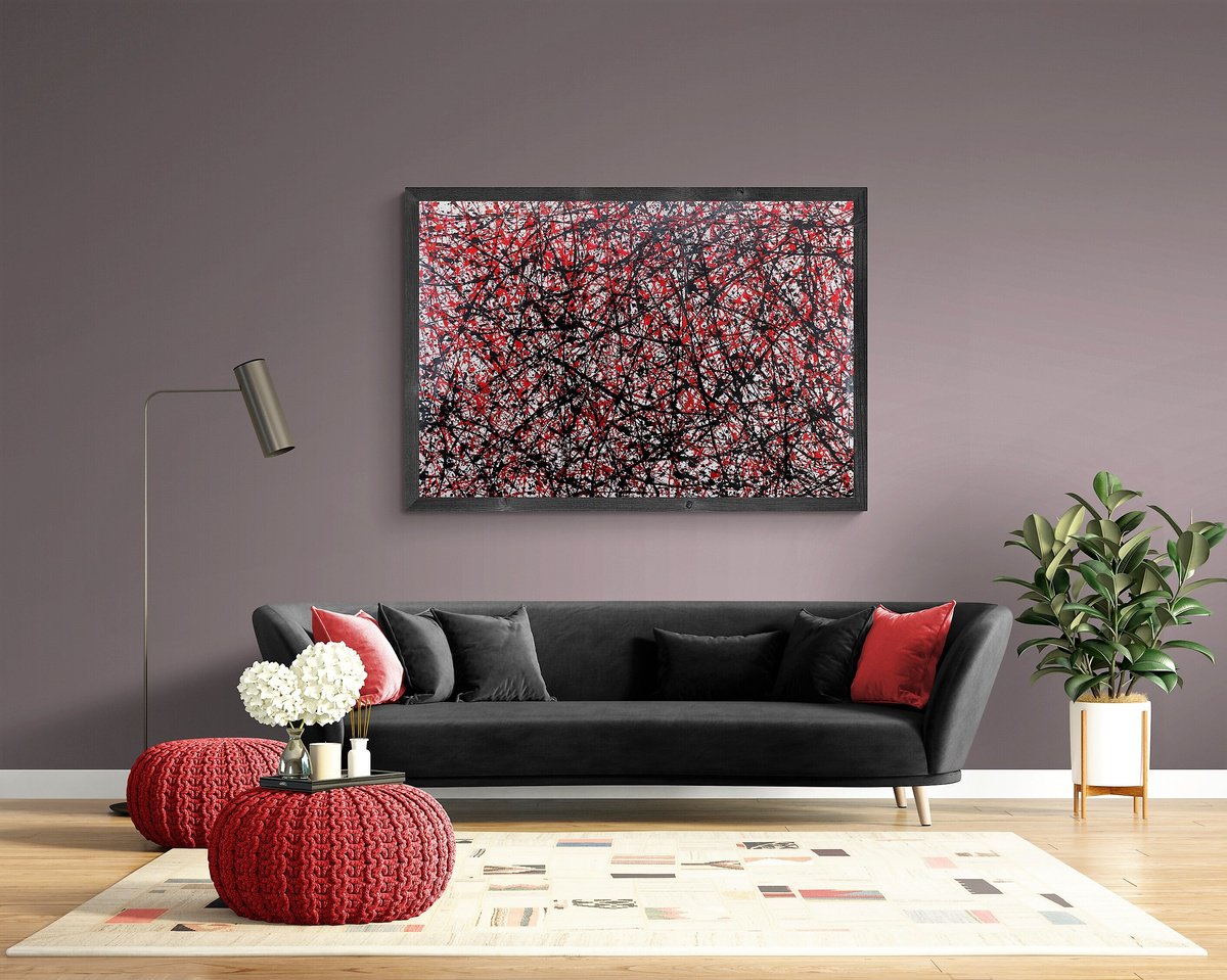 large colored abstract painting signed alessandro butera red and black unique work by Alessandro Butera