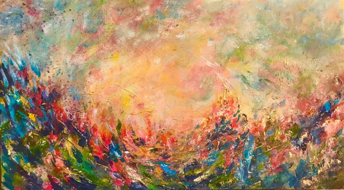Abstract Landscape Acrylic Painting By Tetiana Pchelnykova, 31 X 18", Blooming Horizon, Original Artwork