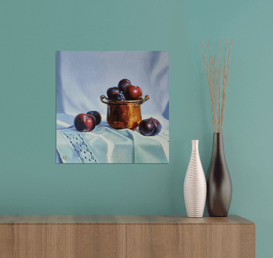 "Small copper saucepan and plums."  still life liGHt original painting PALETTE KNIFE  GIFT (2021)