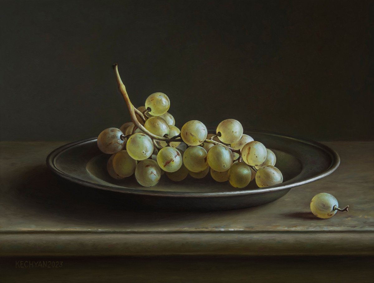 Photorealistic Still Life Oil Painting By Albert Kechyan, 15 X 11, Grapes In A Pewter Plate, Original Artwork