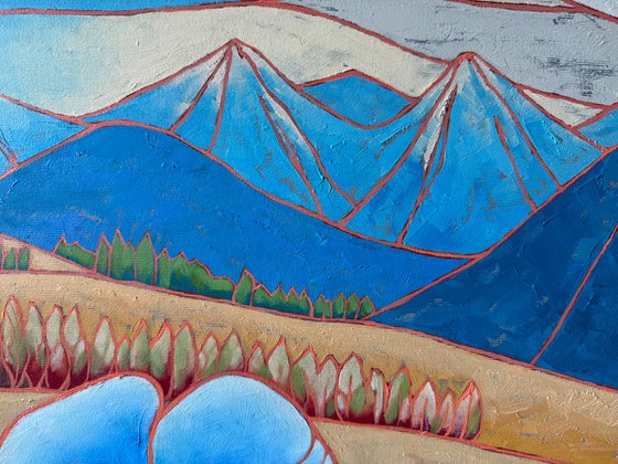 Blue poppies and mountain