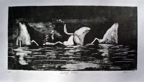 Upside Down Ducklings, Diving Ducks Monotype, Artwork on Paper