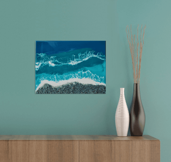 Blue shell beach - original seascape epoxy resin artwork