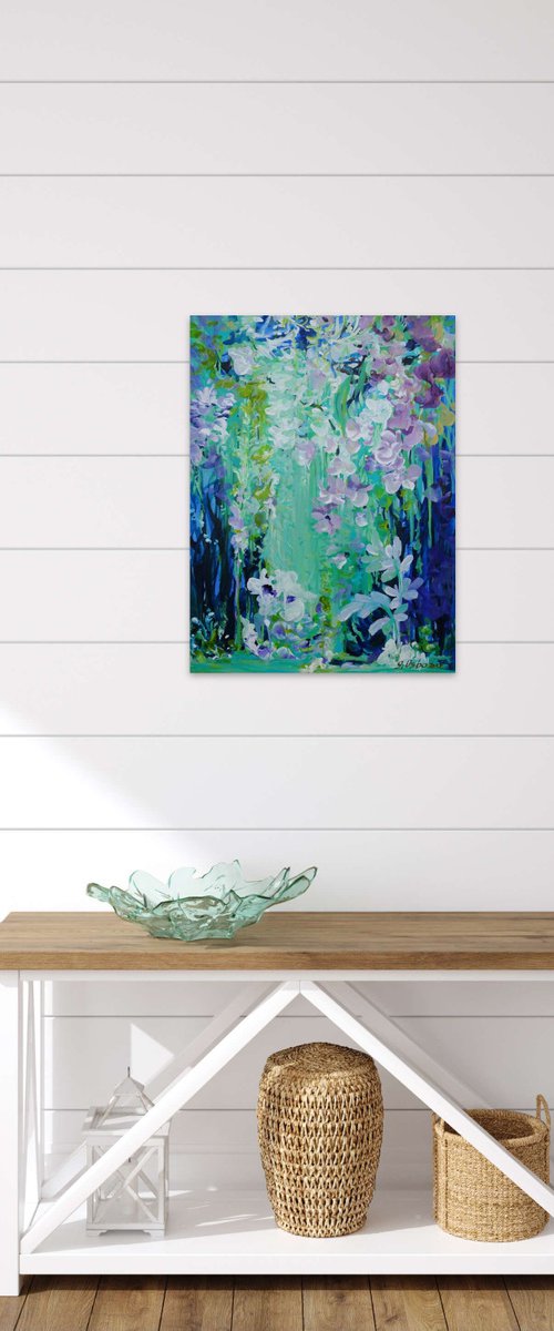 Abstract Tropical Flowers. Floral Garden. Magic Garden. Abstract Blue Floral Original Painting on Canvas 46x61cm Modern Art by Sveta Osborne