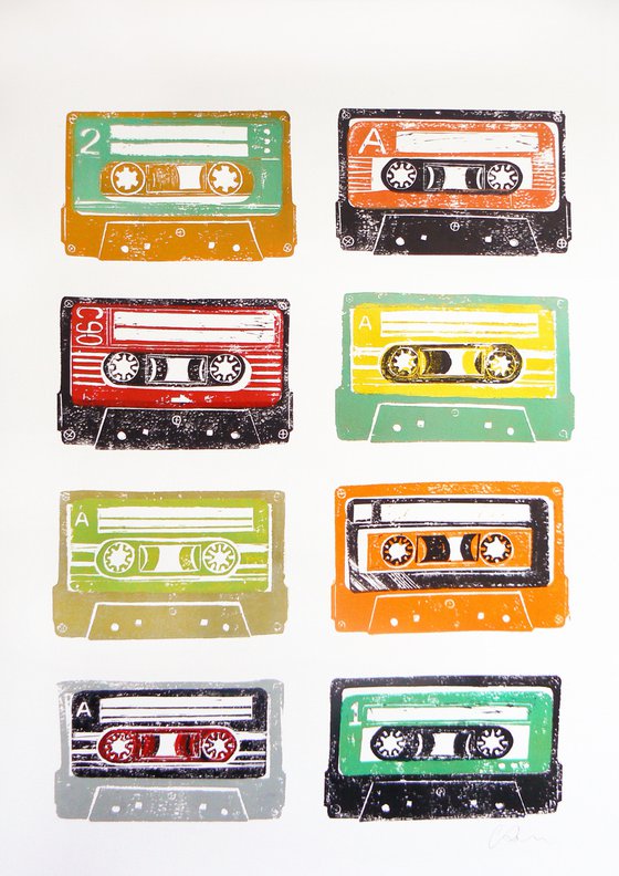 Linocut tapes #4 (cassette tapes, retro music, 70's, 80's rock culture)