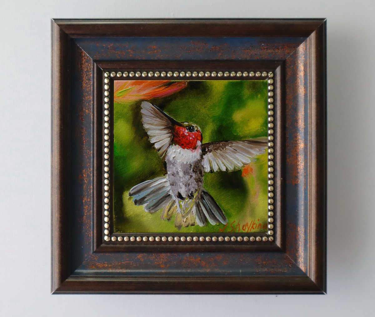 Ruby Throated Hummingbird OIL PAINTING ORIGINAL Framed Artwork, Tiny Fine Art, Best Friend... by Natalia Shaykina