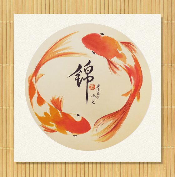 RAN ART - Chinese painting 38*38cm - KOI Fish