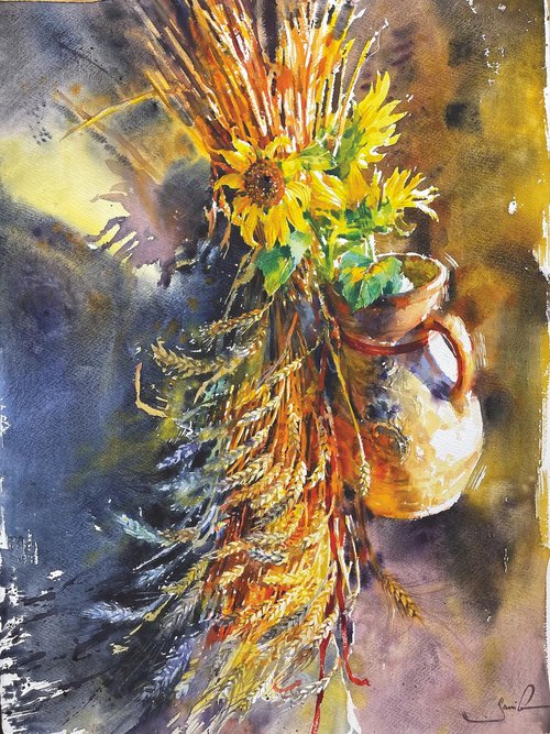 Sunflowers and wheat with a jug by Samira Yanushkova