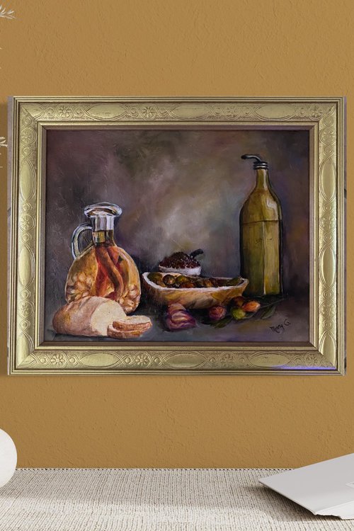 Hearty Delicious Olives Original Oil Painting. 11x14 Silver Frame by Mary Gullette