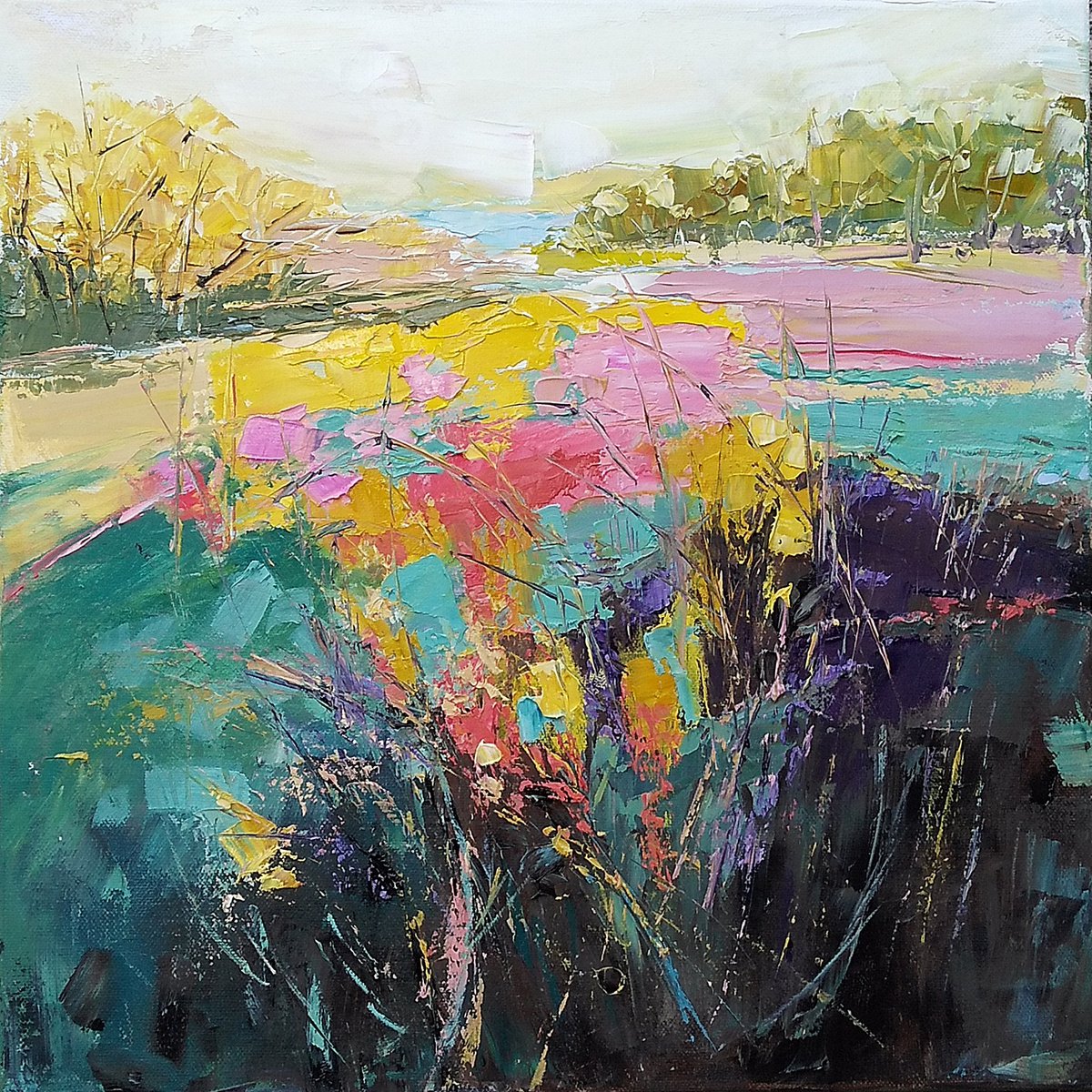 CHEERFUL, 40x40cm, spring field landscape by Emilia Milcheva