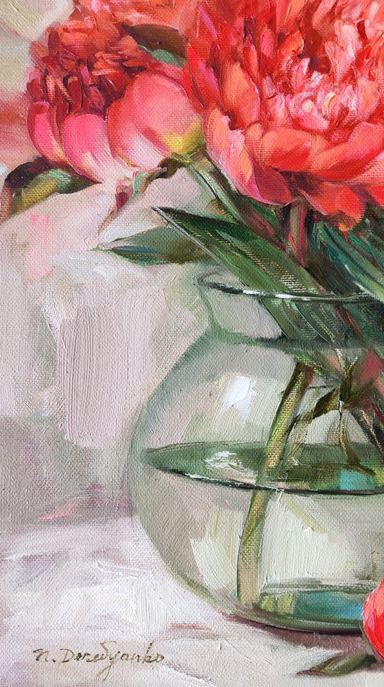 Coral flower painting on canvas, Peony painting original oil, Mothers day painting gift, Flowers in a vase paintings