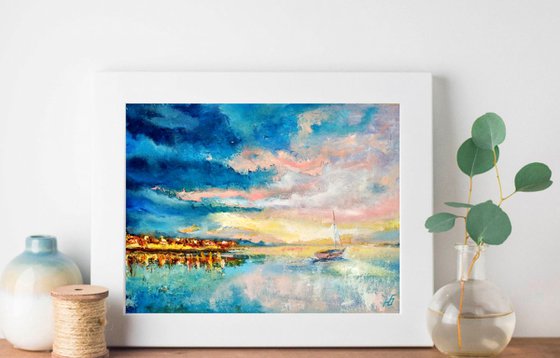 Summer sunset Sailboat Painting Original Art Seascape Abstract Ocean Wall Art