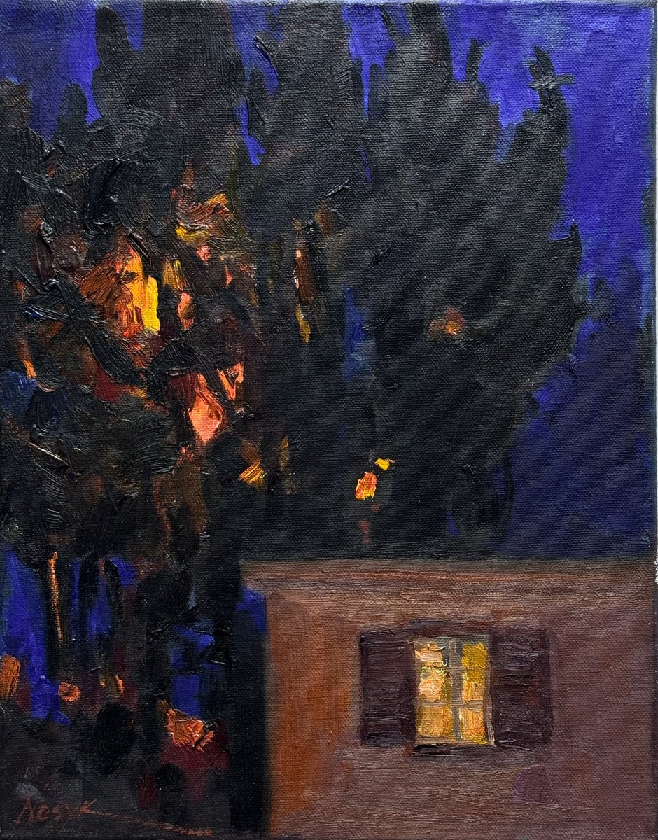 Impressionistic Landscape Oil Painting By Nataliia Nosyk, 11 X 14", Night Window, Original Artwork