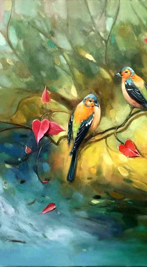 Parrots on the branch by Kunlong Wang