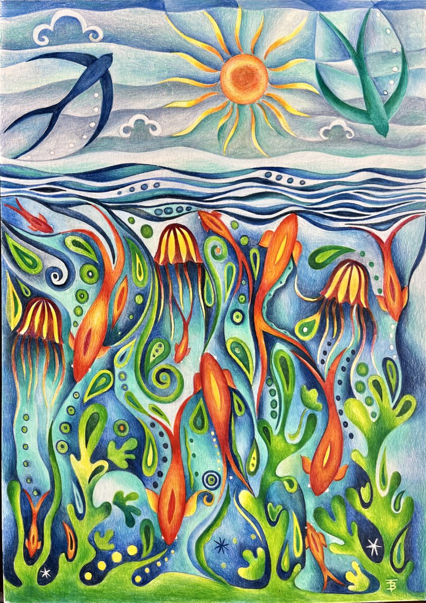 Organic Landscape Pencil Drawing By Tiffany Budd, 16 X 20", Underwater Fantasy, Original Artwork