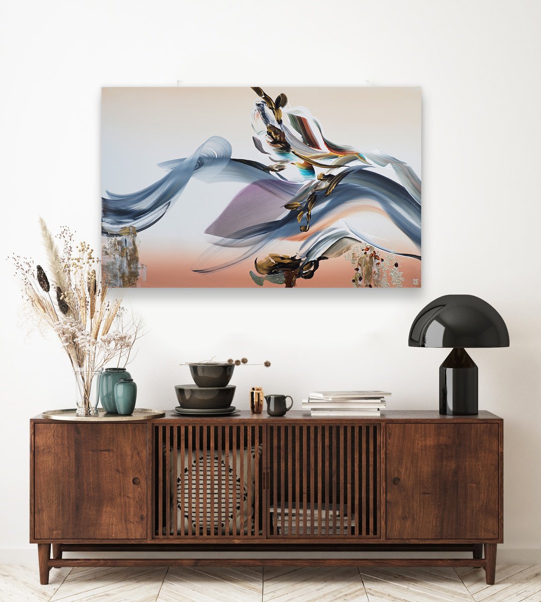 Abstract Acrylic Painting By Novi Lim, 48 X 30", Floating Shrine, Original Artwork