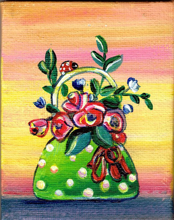 flowers in green bag, original acrylic miniature painting, still life