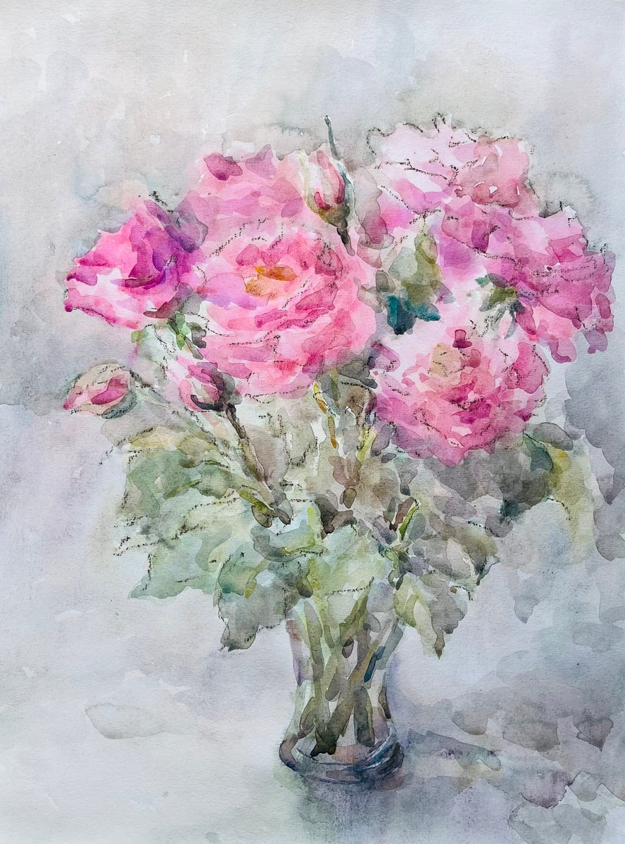 Impressionistic Still Life Painting By Elena Klyan, 14 X 19, Roses In Vase. 14X19 In., Original Artwork