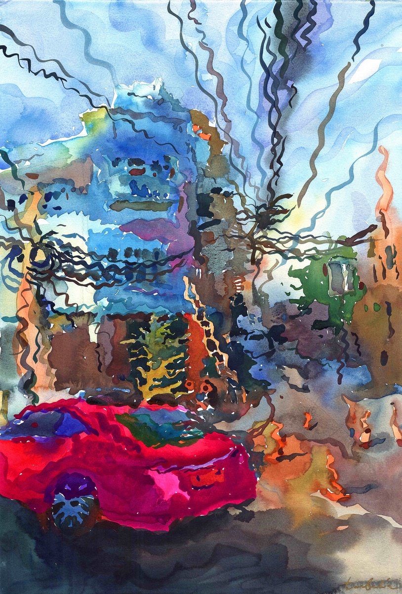 Impressionistic Cityscapes Watercolour By Tanbelia, 15 X 22", Pink Taxi In China Town, Original Artwork
