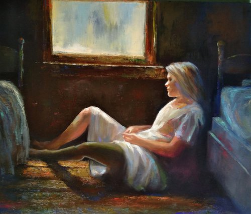Warm morning 60x70cm ,oil/canvas, impressionistic figure by Kamsar Ohanyan