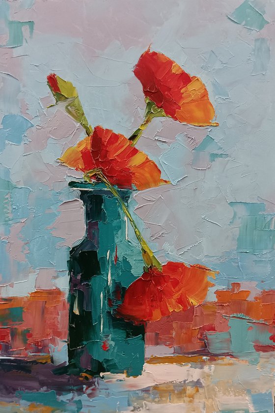 Modern still life painting. Flowers in vase. Red poppy flowers
