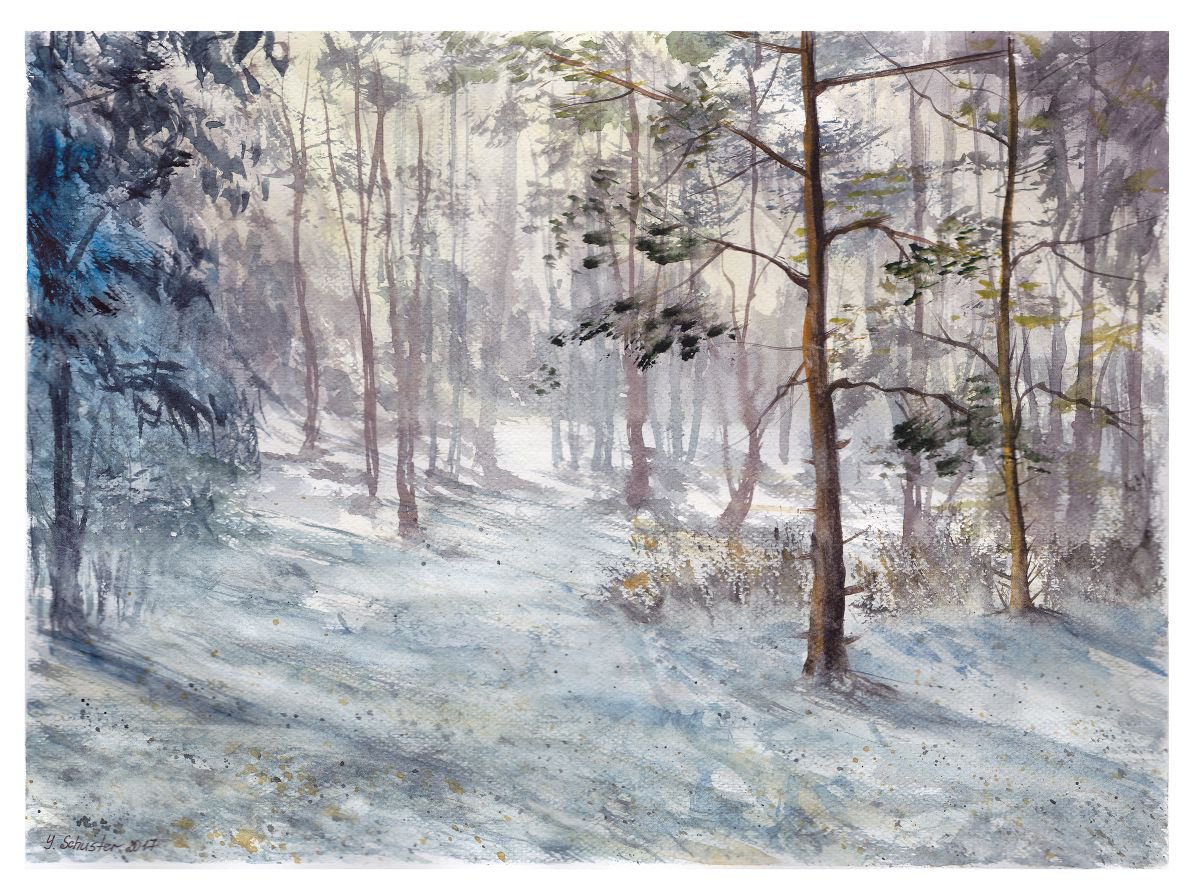 Impressionistic Landscape Watercolour By Yulia Schuster, 16 X 12", Winter Magic, Original Artwork