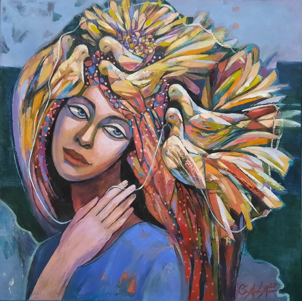 Expressive Portrait Oil Painting By Galya Koleva, 28 X 28, Thread Of Life, Original Artwork