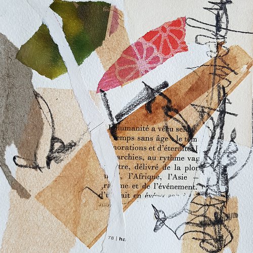 Africa and Asia - abstract mixed media and collage on paper - small size - orange brown white by Fabienne Monestier