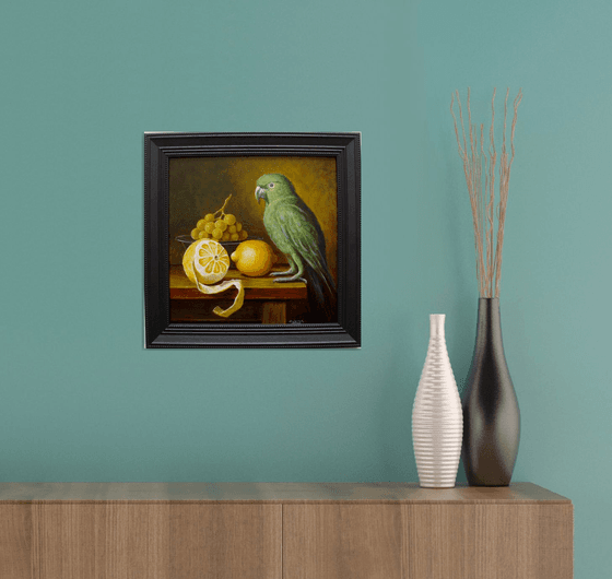 Peeled lemon with parrot