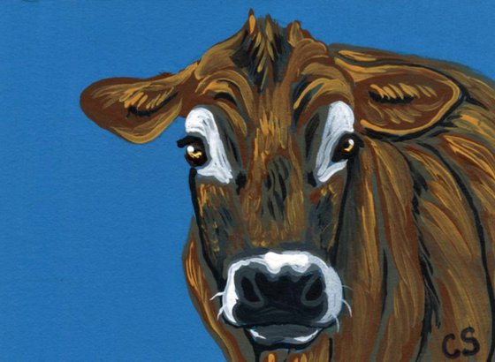 ACEO ATC Original Painting Brown Cow Farmyard Animal Pet  Art-Carla Smale