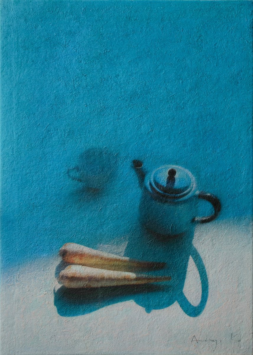 Photorealistic Still Life Acrylic Painting By Andrejs Ko, 20 X 28, The Teapot, The Mug & Parsnips, Original Artwork