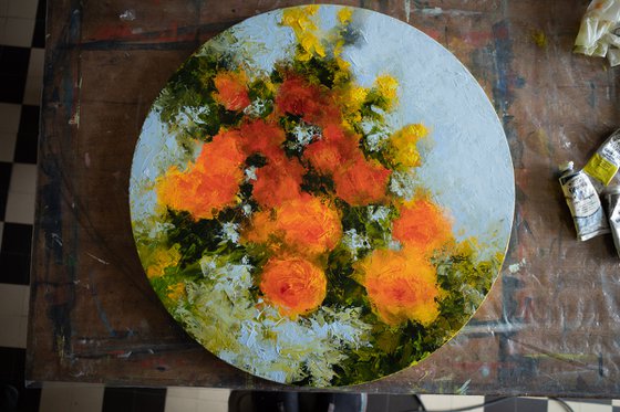 Floral with orange roses - Circular Original oil painting knife palette - One of a kind artwork - floral - flower - decorative original - home interior design
