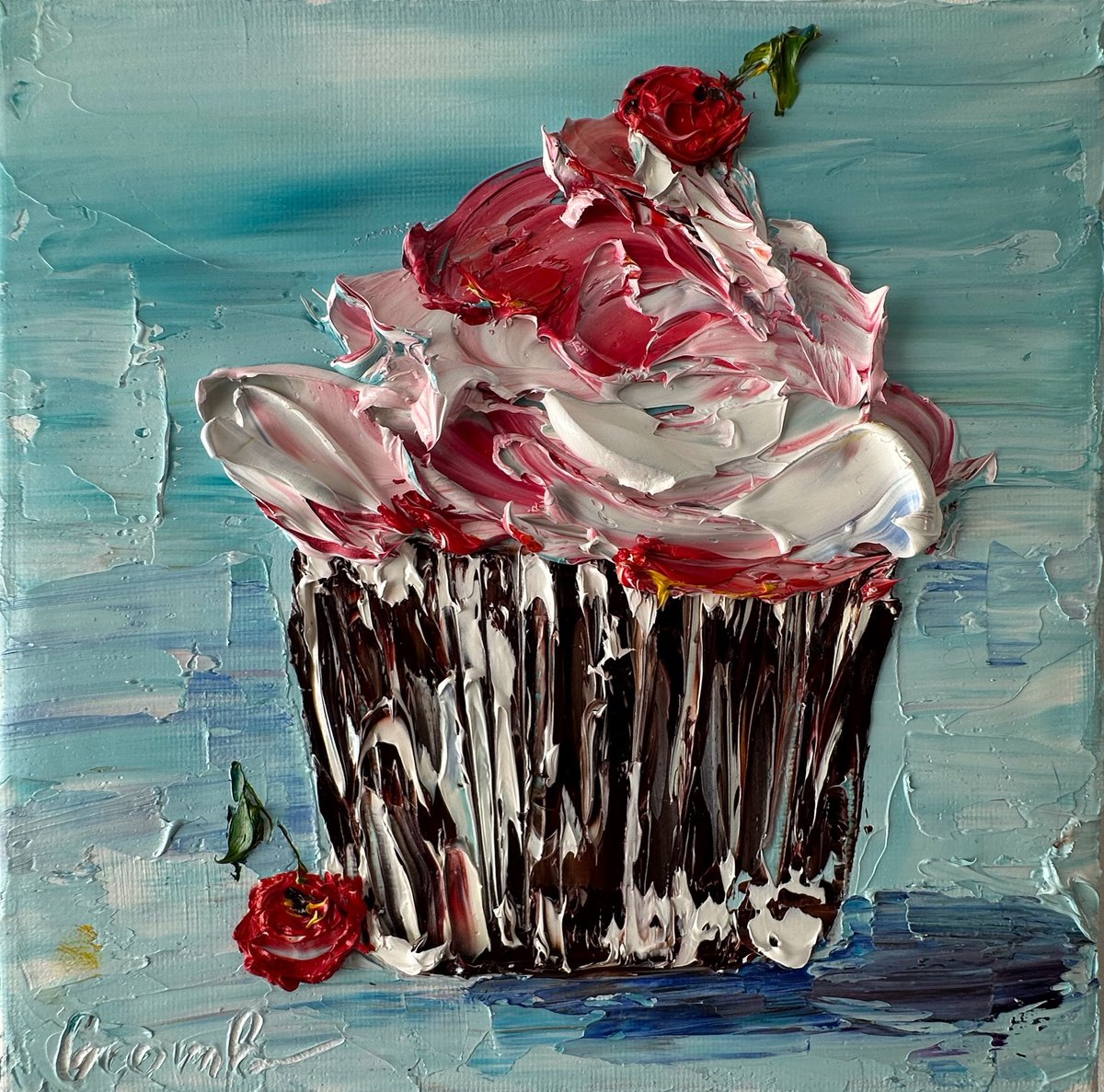 Impressionistic Still Life Oil Painting By Oksana Fedorova, 8 X 8", Chocolate Muffin, Original Artwork
