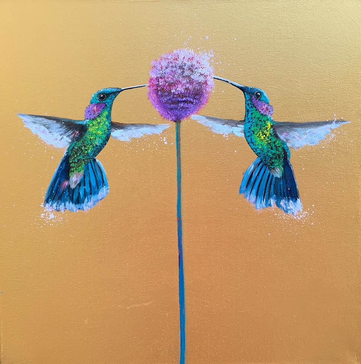 Impressionistic Animal Painting By Laure Bury, 16 X 16", You And Me ~ Hummingbirds, Original Artwork