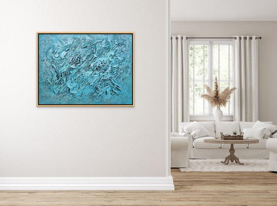 CORAL REEF. Large Abstract Blue Teal Silver Textured Painting 3D