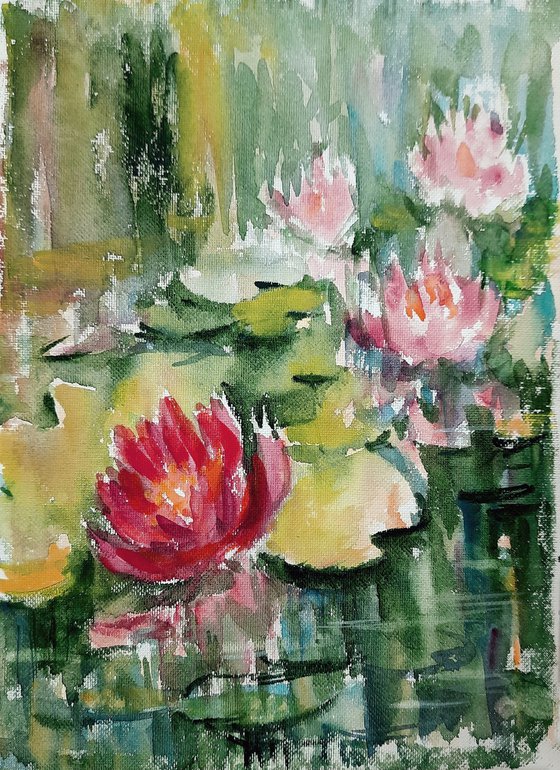 Red Lotus Pond - Watercolour Water Lilies on paper 11.25"x 8.25"