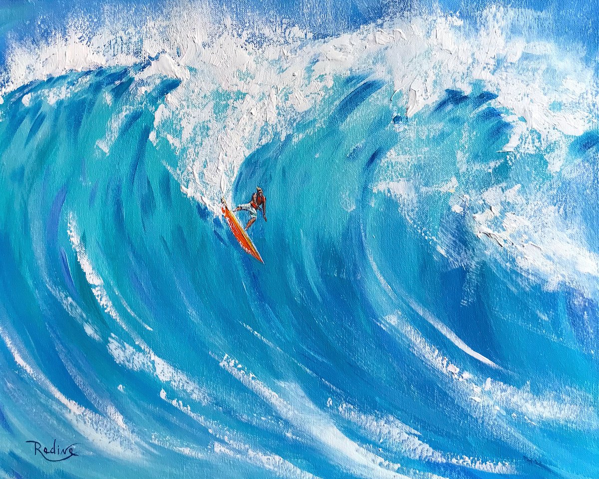 Impressionistic Landscape Acrylic Painting By Irina Redine, 20 X 16, Big Wave Surfing, Original Artwork