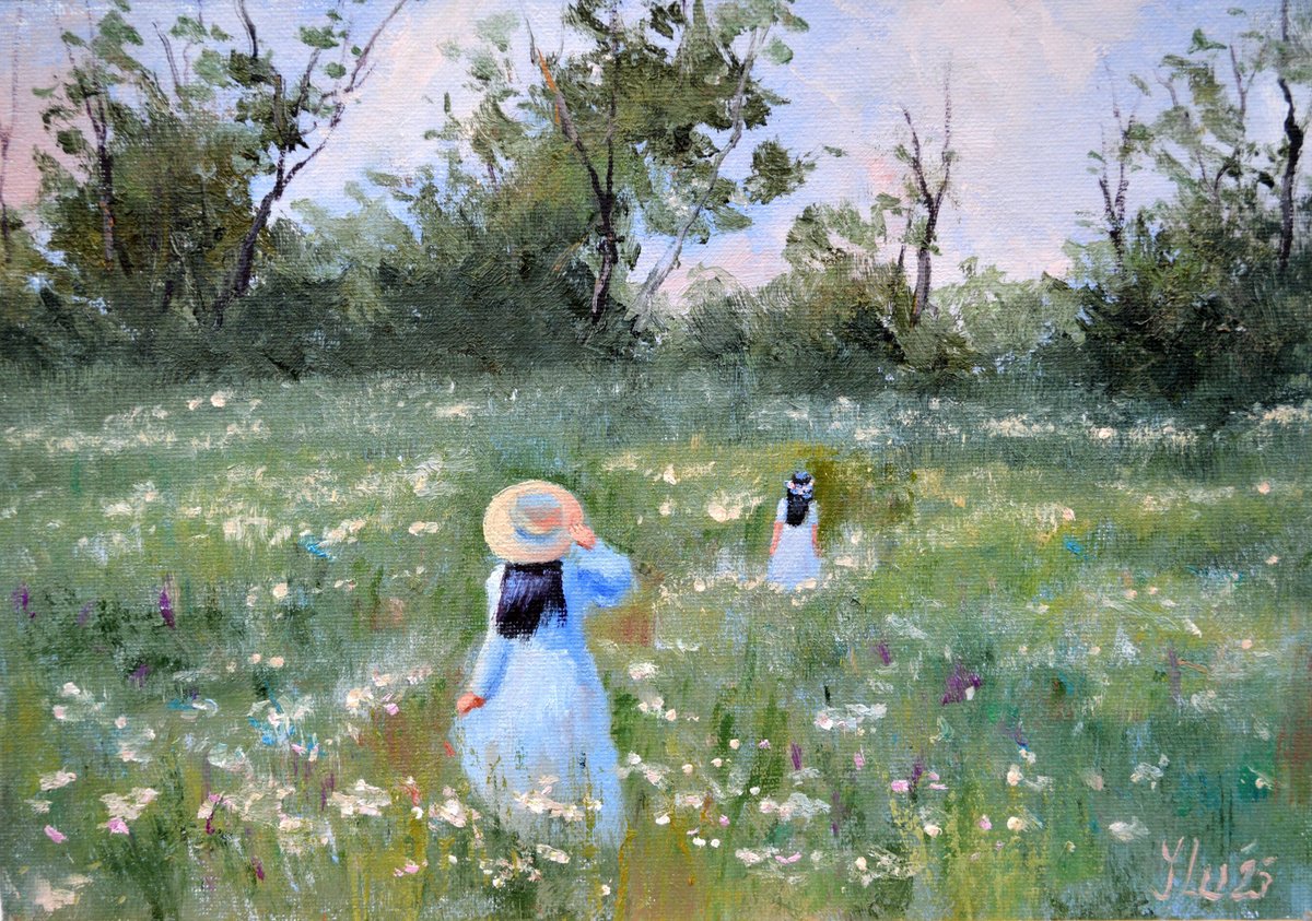 Impressionistic Landscape Oil Painting By Elena Lukina, 12 X 8, In The Wildflowers, Original Artwork