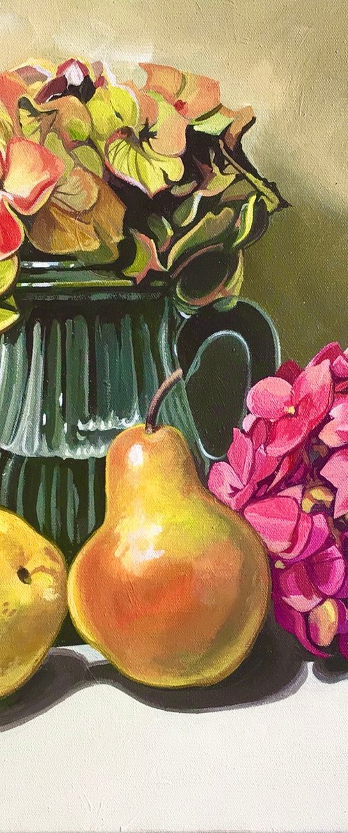Pears And Hydrangea Flowers by Joseph Lynch