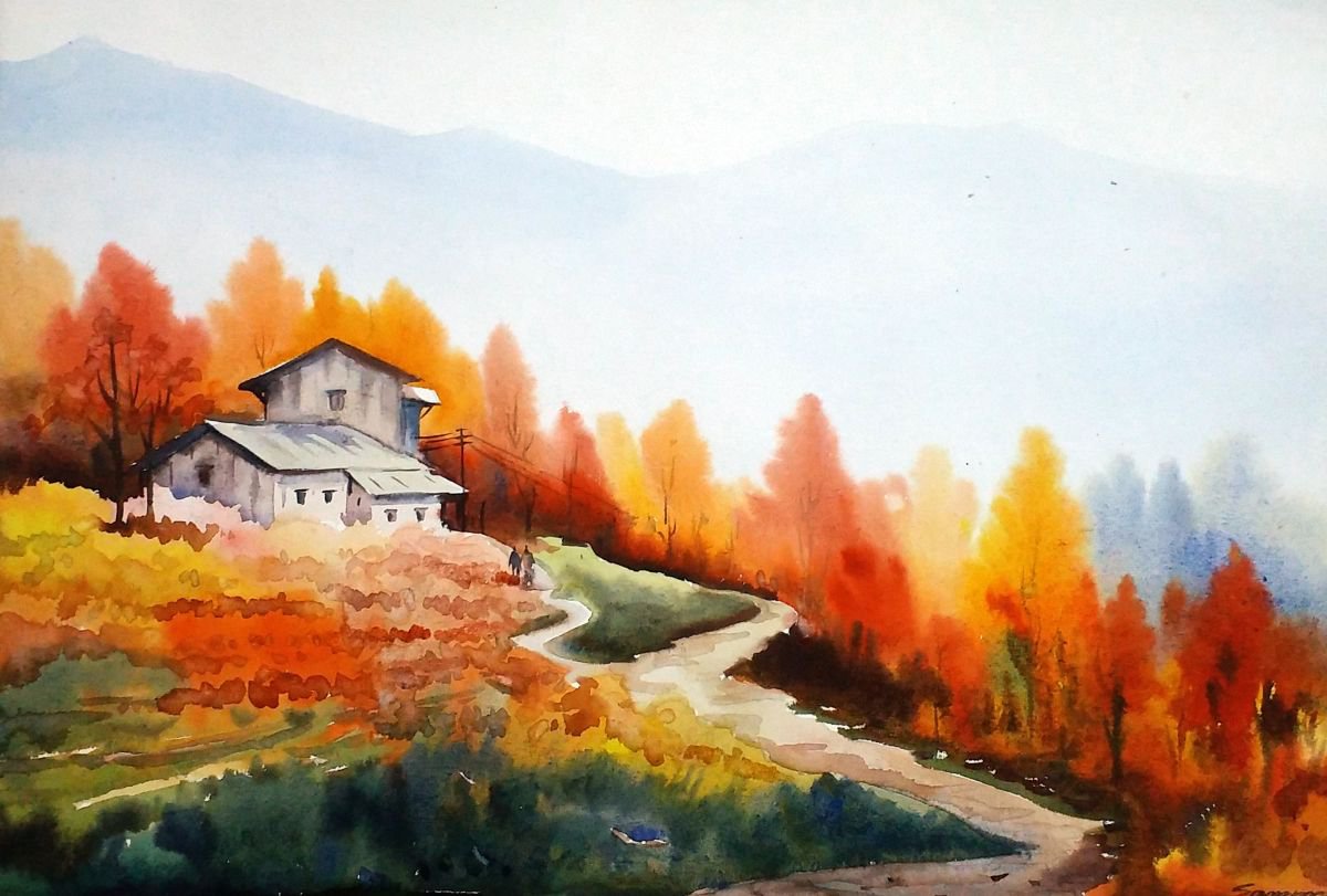 Beauty of Autumn Landscape - Watercolor on Paper by Samiran Sarkar