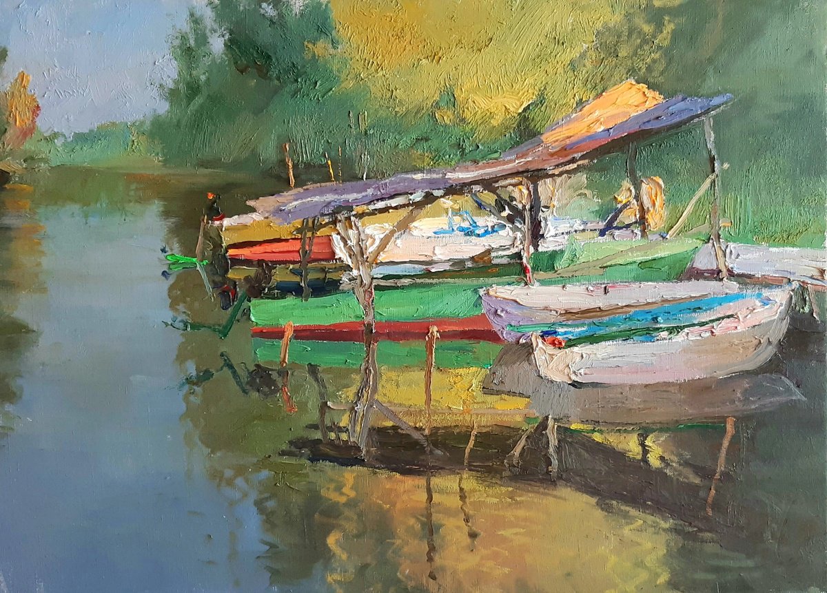 Impressionistic Landscape Oil Painting By Sergey Kostov, 31 X 24", The Boats, Original Artwork