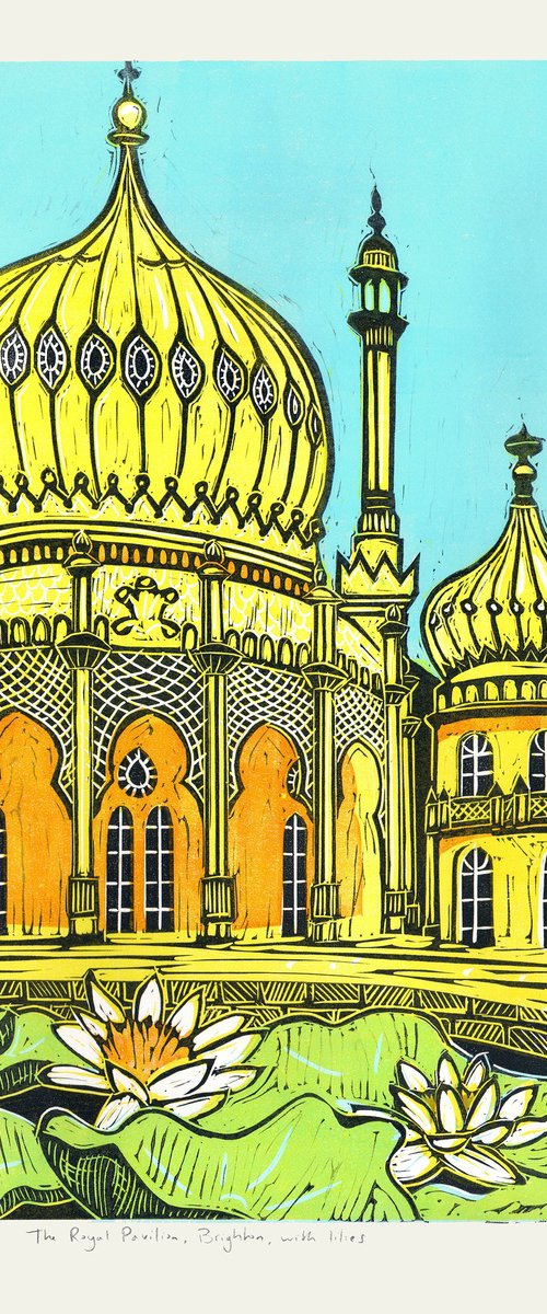 The Royal Pavilion, Brighton, with lilies. Large Limited Edition linocut No.6 by Fiona Horan