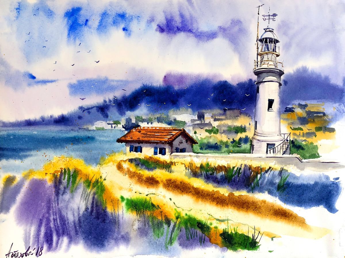 Impressionistic Landscape Watercolour By Ksenia Astakhova, 16 X 12", A Lighthouse From Paphos, Original Artwork