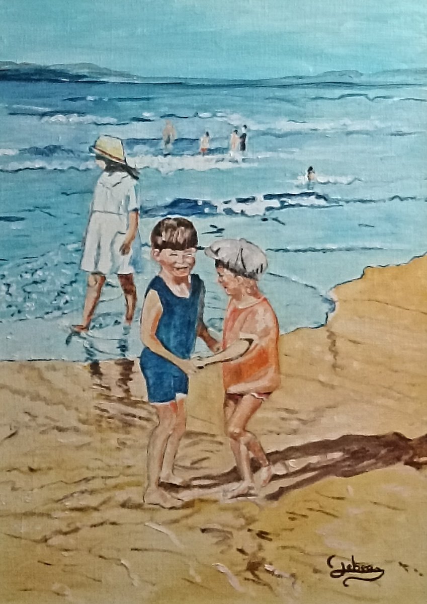 Impressionistic Landscape Oil Painting By Isabelle Lucas, 13 X 18, Sea And Children, Original Artwork