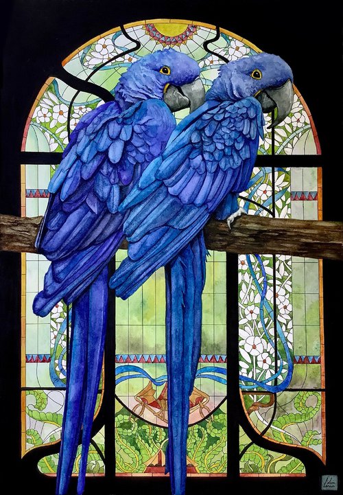Blue Macaw Parrots by Lisa Lennon