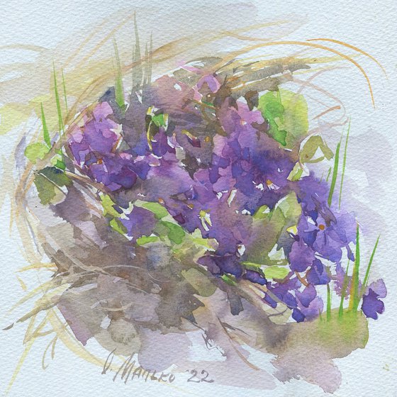 Violets island. Spring sketch / Original watercolor Flower picture Outdoor paintings